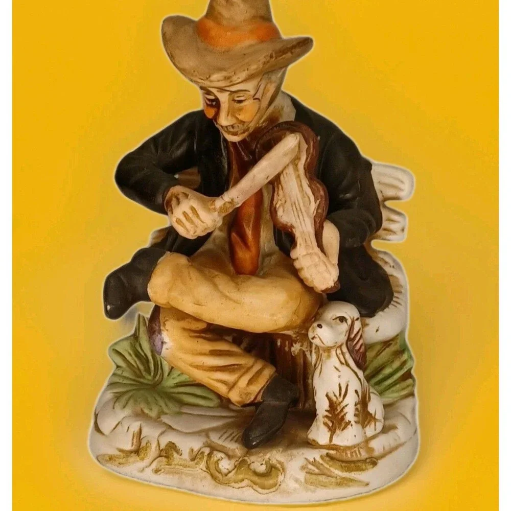 Vtg Norleans Japan Figurine Man on Bench Playing Fiddle with Dog 7.5
